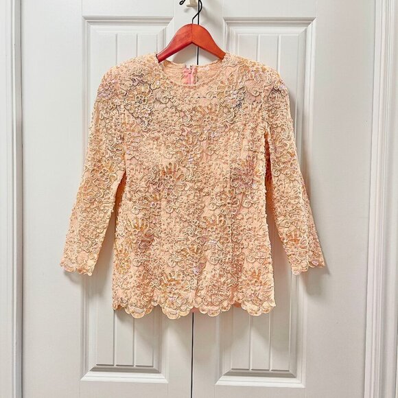 Vintage Pink Coral Lace Floral Pearl Embellished Top - Picture 1 of 12